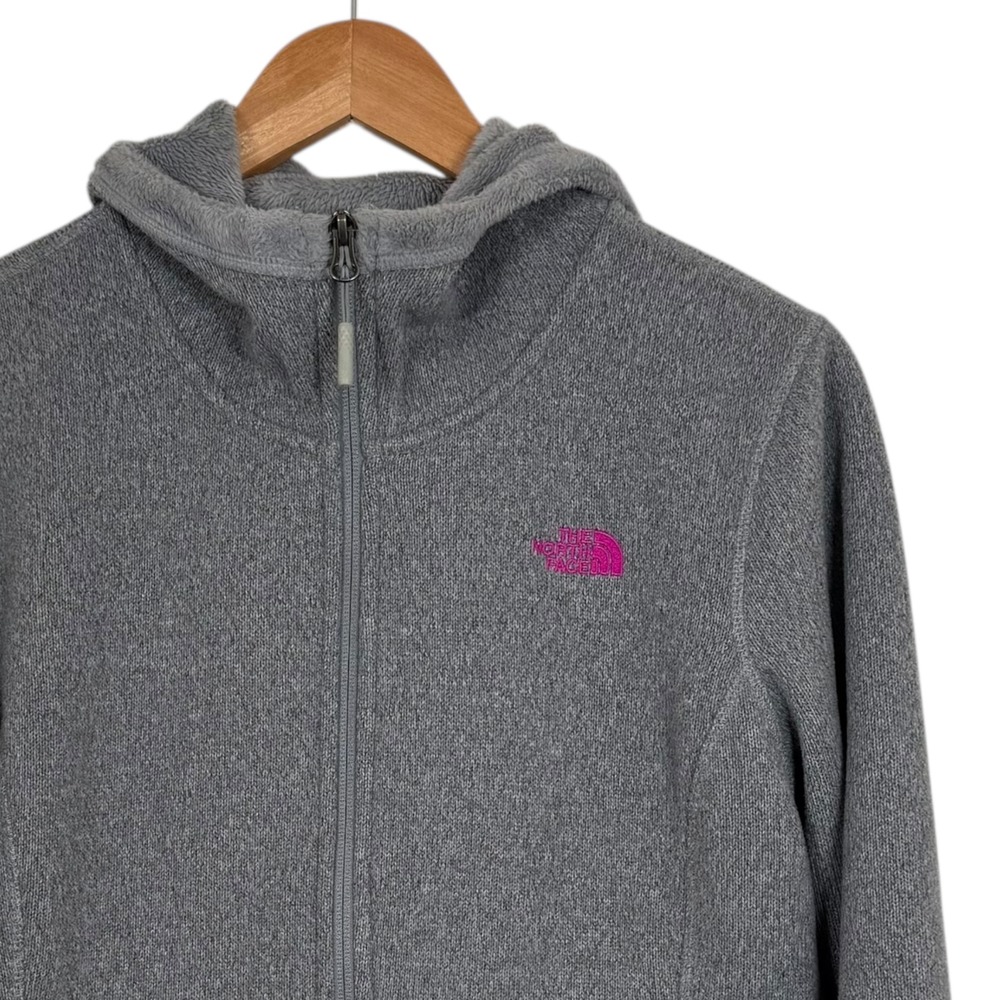 The North Face Women Gray Pink Logo Fleece Full Zip Lined Hoodie Jacket M/M